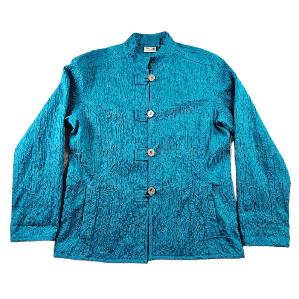 Chico's Jacket Womens 1 Blue Textured Long Sleeve Mandarin‎ Collar Button Front